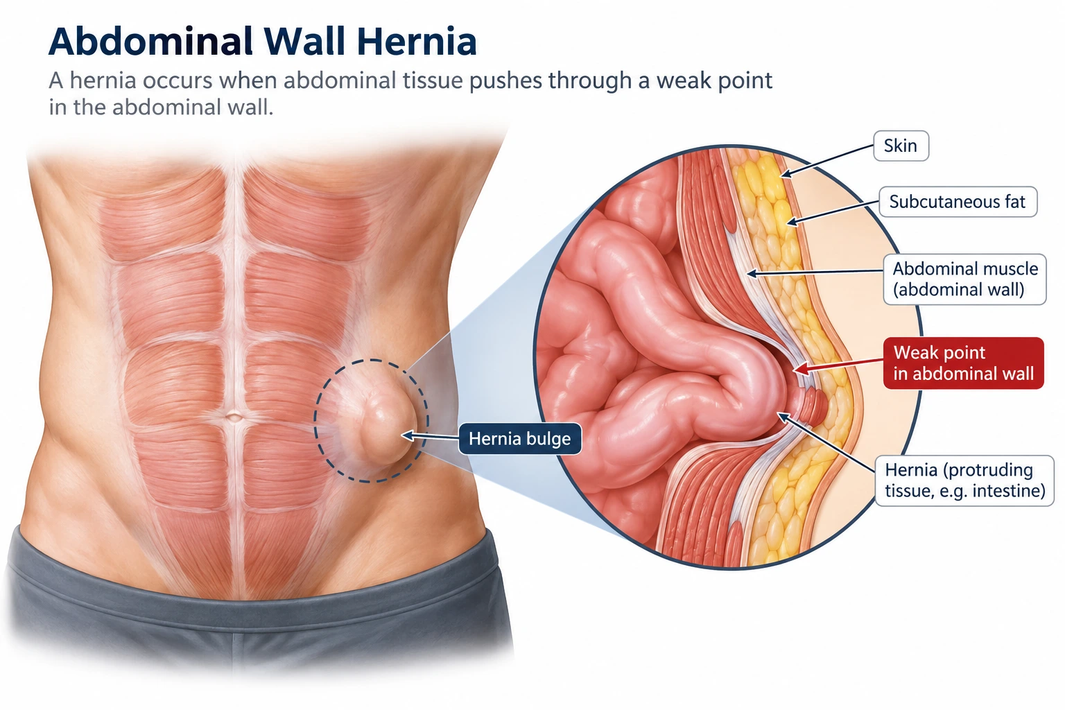 Illustration of abdominal wall showing a hernia bulge and weak point